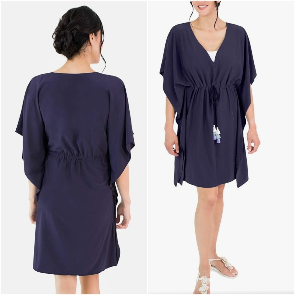 NEW! SUN50 Navy Blue Cover Up Kaftan Tunic with Tassel Detail UPF 50+